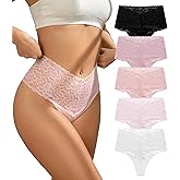 SHARICCA Women Seamless High Waist Underwear Sexy Floral Lace Thong Soft Comfortable Panties Pack