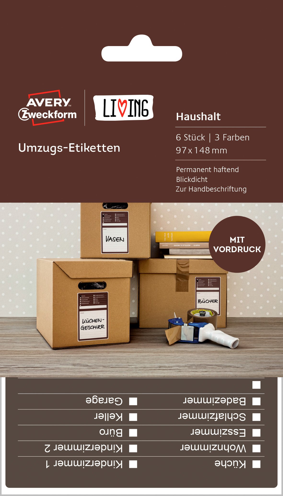 Avery Zweckform 62012 Living Large Moving Labels 97 x 148 mm – 3 Colors – Pack of 6 White