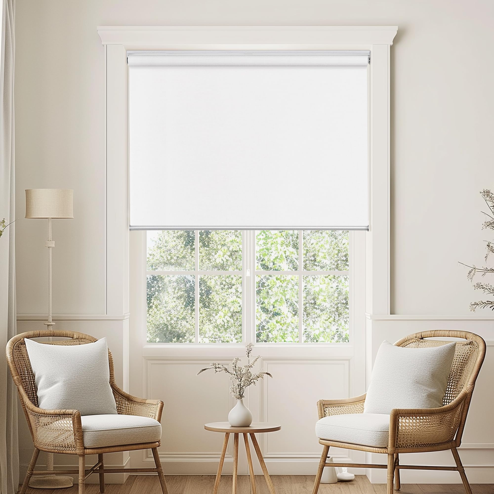 Photo 1 of ChrisDowa Cordless 100% Blackout Roller Shade, with Striped Jacquard, Thermal Insulated, UV Protection Fabric, Total Blackout Blinds for Window, French Doors, Home and Office. White, 33" W x 72" H