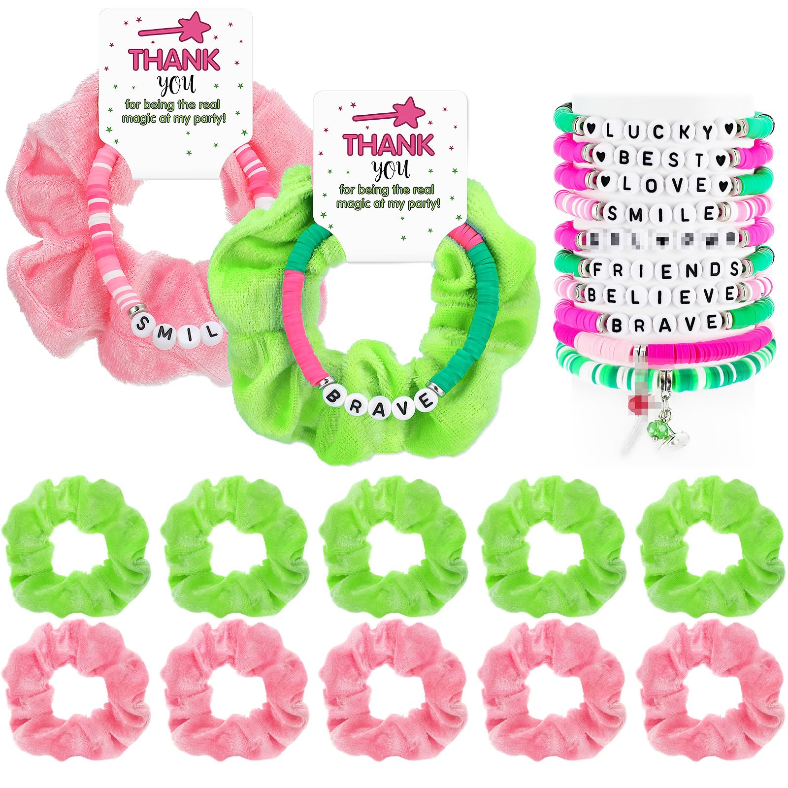Photo 1 of FineCheer 30 pcs Green and Pink Witch Party Gift for Girls Friendship Magic Bracelet and Scrunchie Bulk for Teen Themed Birthday Party Inspirational Thank You Gifts(Witch Theme)