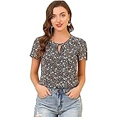 Allegra K Floral Tops for Women's Short Sleeve Ruffled Tie Neck Blouse