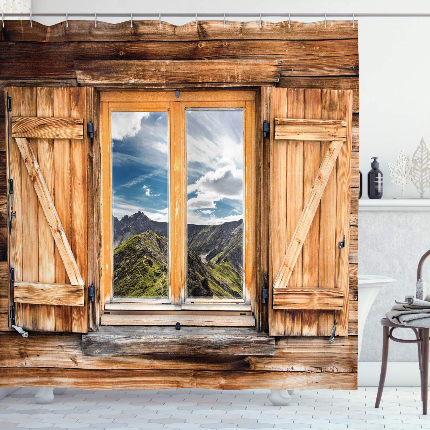 ABAKUHAUS Mountain Shower Curtain, Mountain and Sky View Wooden Shuttered Window Room on Top of the Hills Nature Look, Cloth Fabric Bathroom Decor Set with Hooks, 175 x 240 cm, Almond — image 1