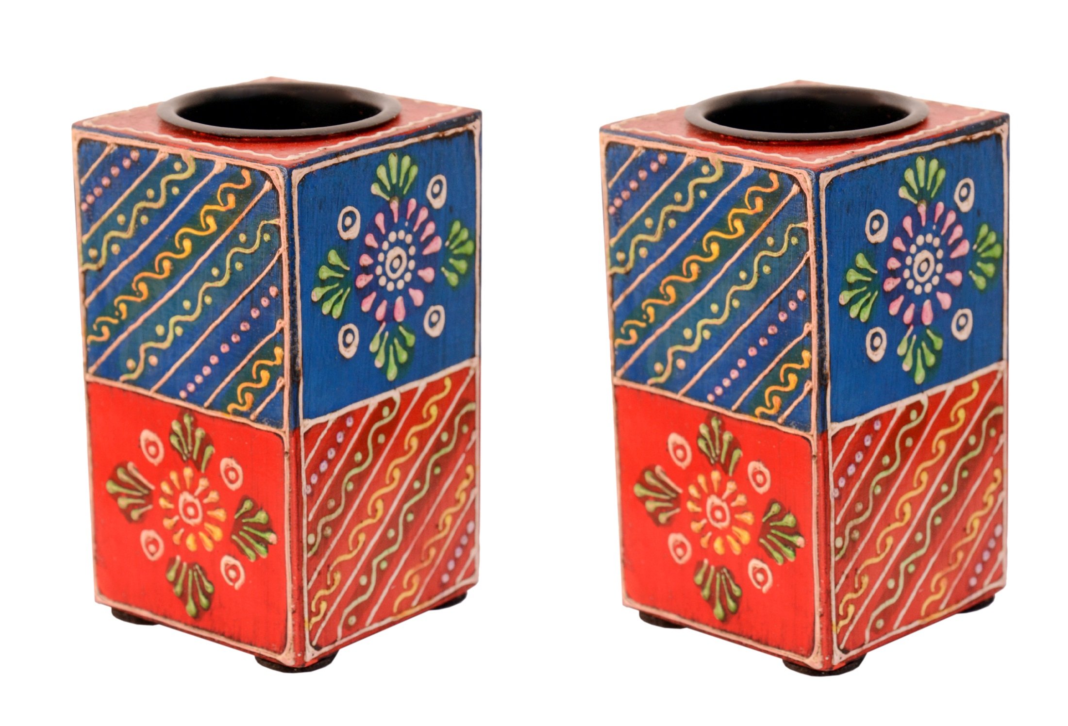 Purpledip Wooden T Light Candle Holders Handpainted (Set of 2) Indian souvenir, gift (10996)