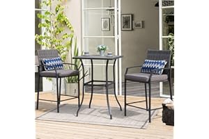 JOIVI 3 Piece Patio Bar Set, Outdoor Wicker Counter Height Bar Stools and Wood Top Table Set for 2 People, Bar Height Table Bistro Set with 2 Bar Chairs and Cushions for Backyard, Balcony