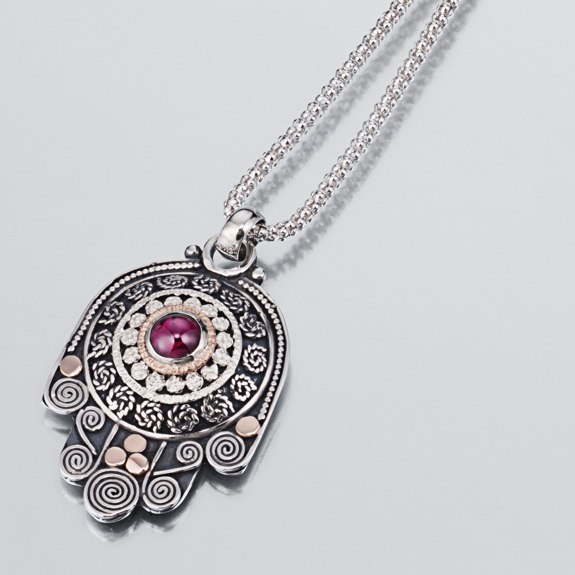 Silver Hamsa Necklace Red Garnet Gemstone