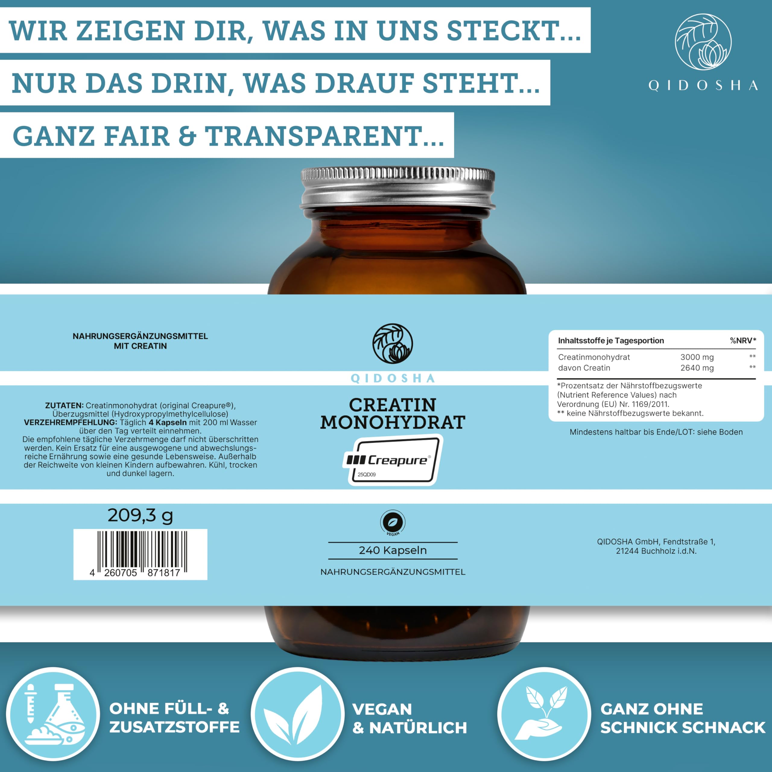 Creapure® Creatin Monohydrat von QIDOSHA®, 240 Stk im Apothekerglas, 750mg je Kapsel, jede Charge laborgeprüft, deutsche Fertigung 4
