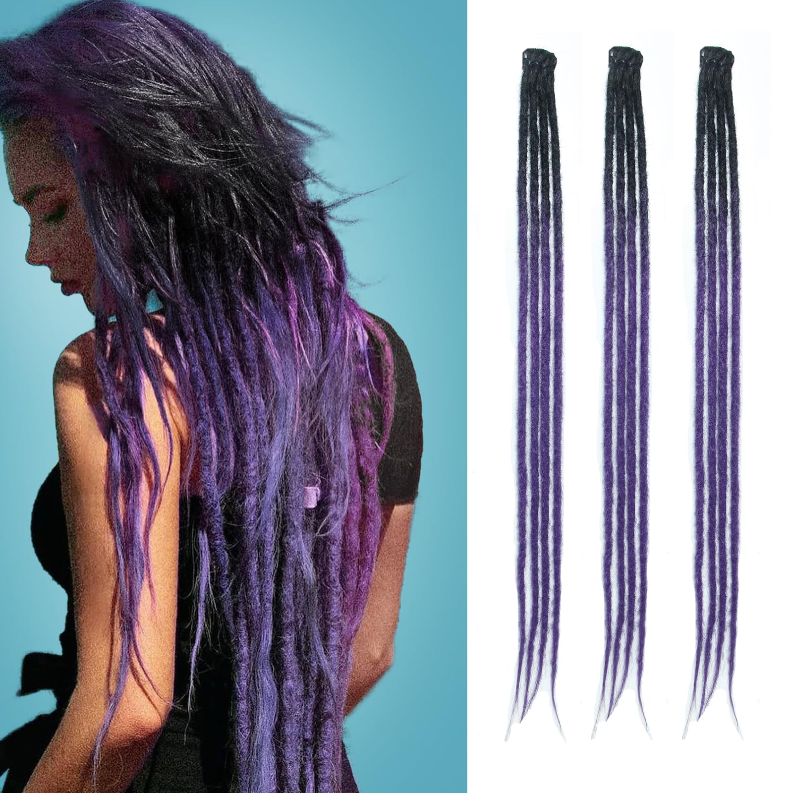 Dsoar Clip In Dreadlock Extensions 24 Inch 3PCS Handmade 0.6cm Synthetic Dreads with Clips Soft Crochet Loc Extensions