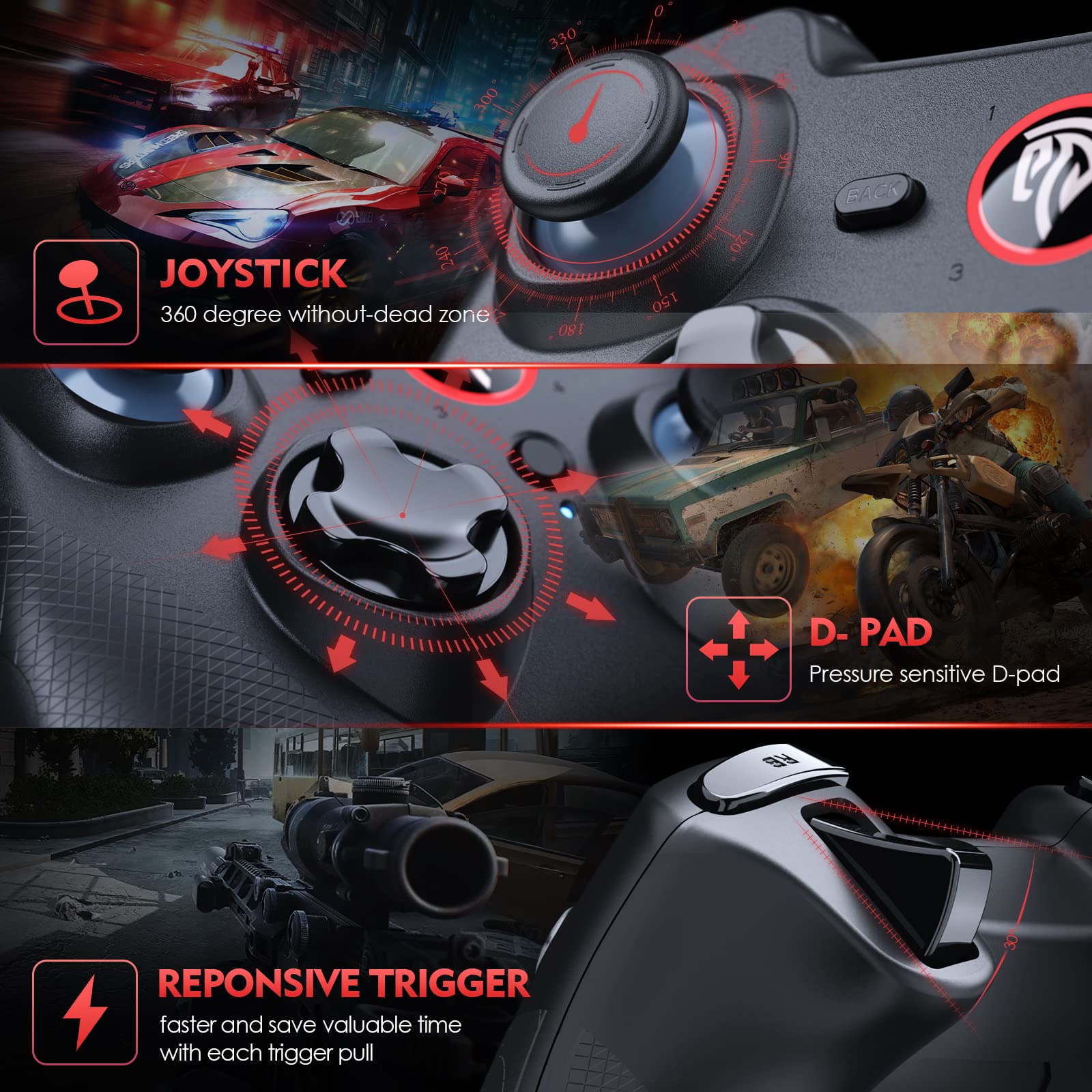 EasySMX Wireless Game Joystick Controller, 2.4G Wireless Gamepad Joystick PC, Dual Vibration, 14 Hours of Playing for PC/PS3/TV Box/Nintendo Switch (Black)