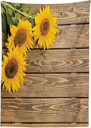 Sunflower Decor Tischdecke Drei Sonnenblumen Sind Auf Den Holz Hintergrund Oben Links Ecke Deko Bild Print Esszimmer Kuche Tisch Rechteckig Bezug Satin Multy 24 Inches Wide X 48 Inches Height Amazon De Kuche