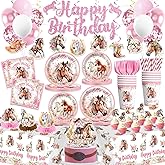 197 Pcs Cowgirl Birthday Party Decorations Tableware Set Serve 25, Horse Party Supplies Includes Plates, Napkins, Cups, Banner, Hanging Swirl, Tablecloth, Cake Topper, for Girl Birthday Decorations