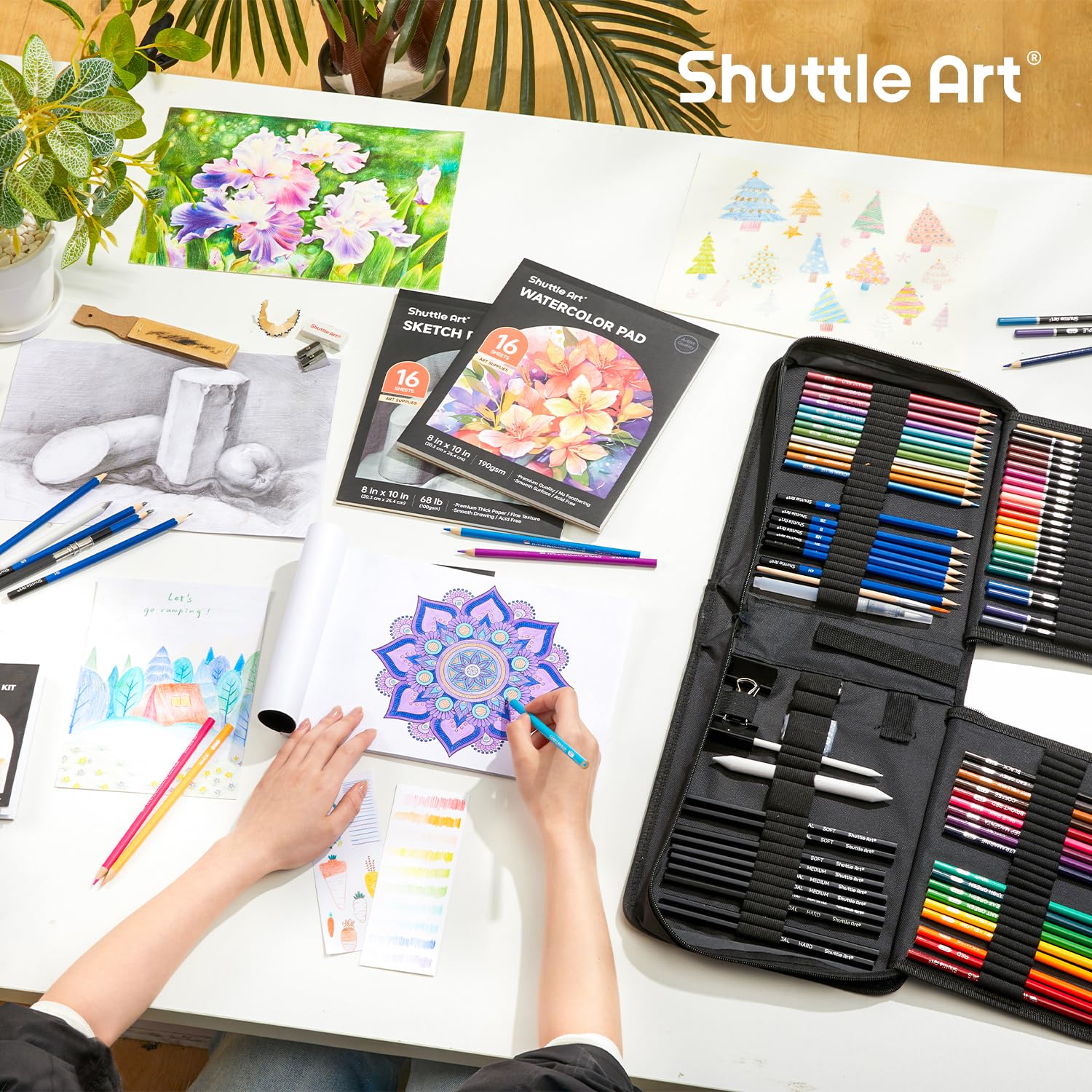 Shuttle Art 103 teiliges Zeichenset, Malset, Künstler Set, mit Buntstifte, Zeichenstifte, Aquarellstifte und Graphitstifte in einem Federmäppchen, für Kinder, Erwachsene zum Zeichnen geeignet 6