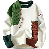 GURUNVANI Patchwork Sweater Mens Colorblock Jumper Cable Knitted Pullover Oversized