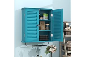 TaoHFE Bathroom Cabinet Wall Mounted Turquoise Designer Bathroom Wall Cabinet Medicine Cabinet with Double Shutter Doors 3 Tier Adjustable Shelf with Towel Rack Over The Toilet Storage Cabinet Laundry