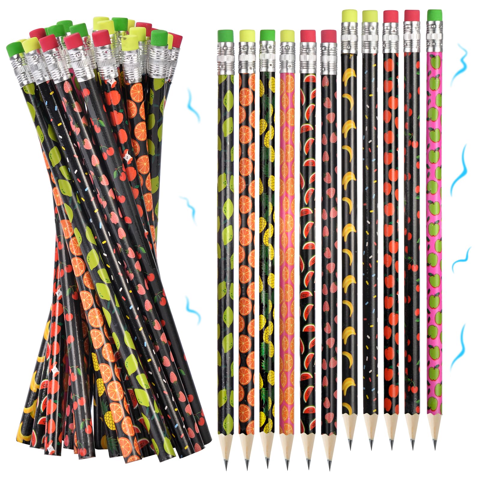 Vicloon Scented Pencils, 32pcs Cylinder Wood Pencils, Fruity Pencil Graphite Pencil HB Pencil with Fruit Elements for School Stationery Party Reward Supplies(Black)