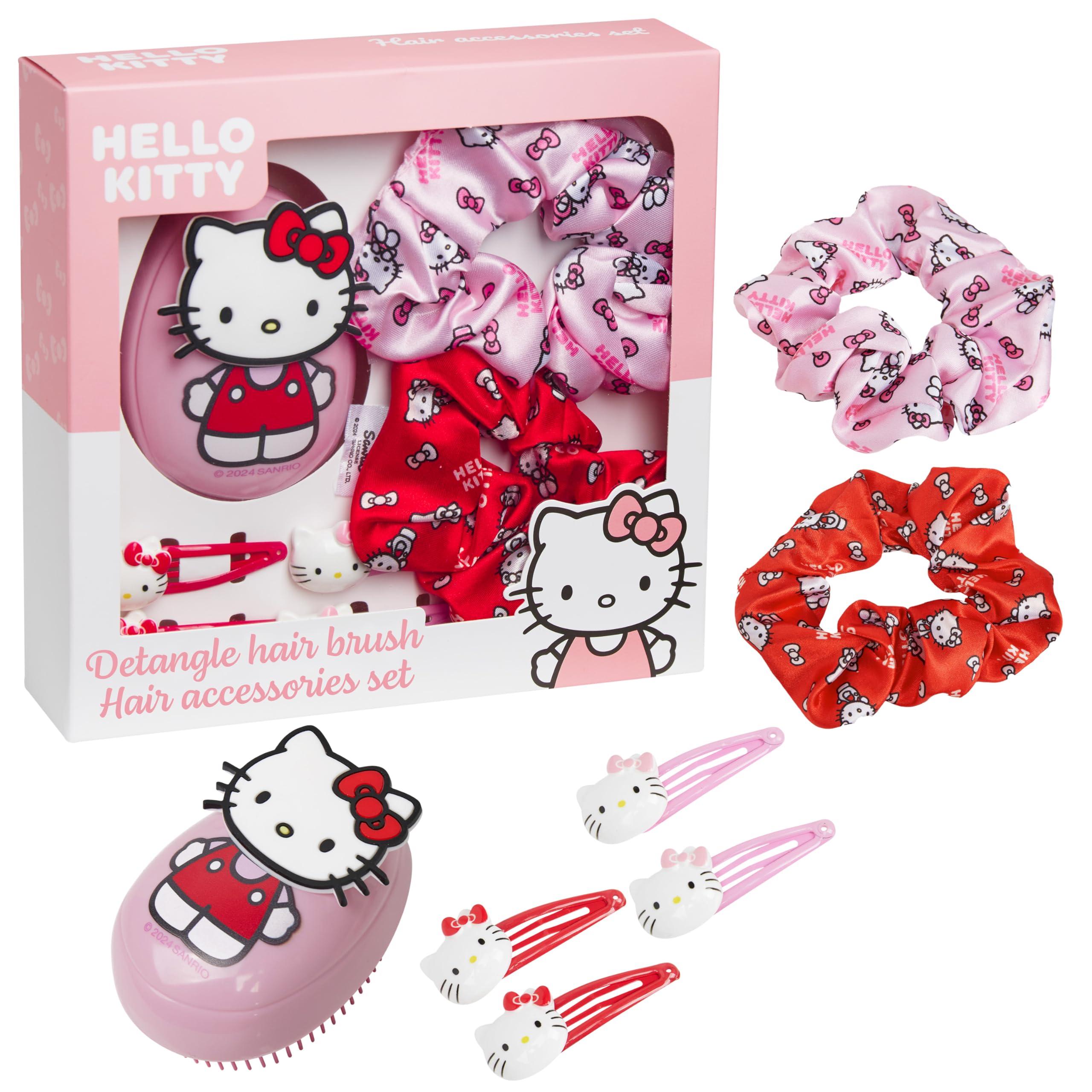 Hello Kitty Sanrio Hair Brush & Accessories Set for Girls Women, Hair Clips Scrunchies Detangling Travel Brush Kawaii Hair Gift Set, Gifts for Her (Hello Kitty Brush & Accessories)