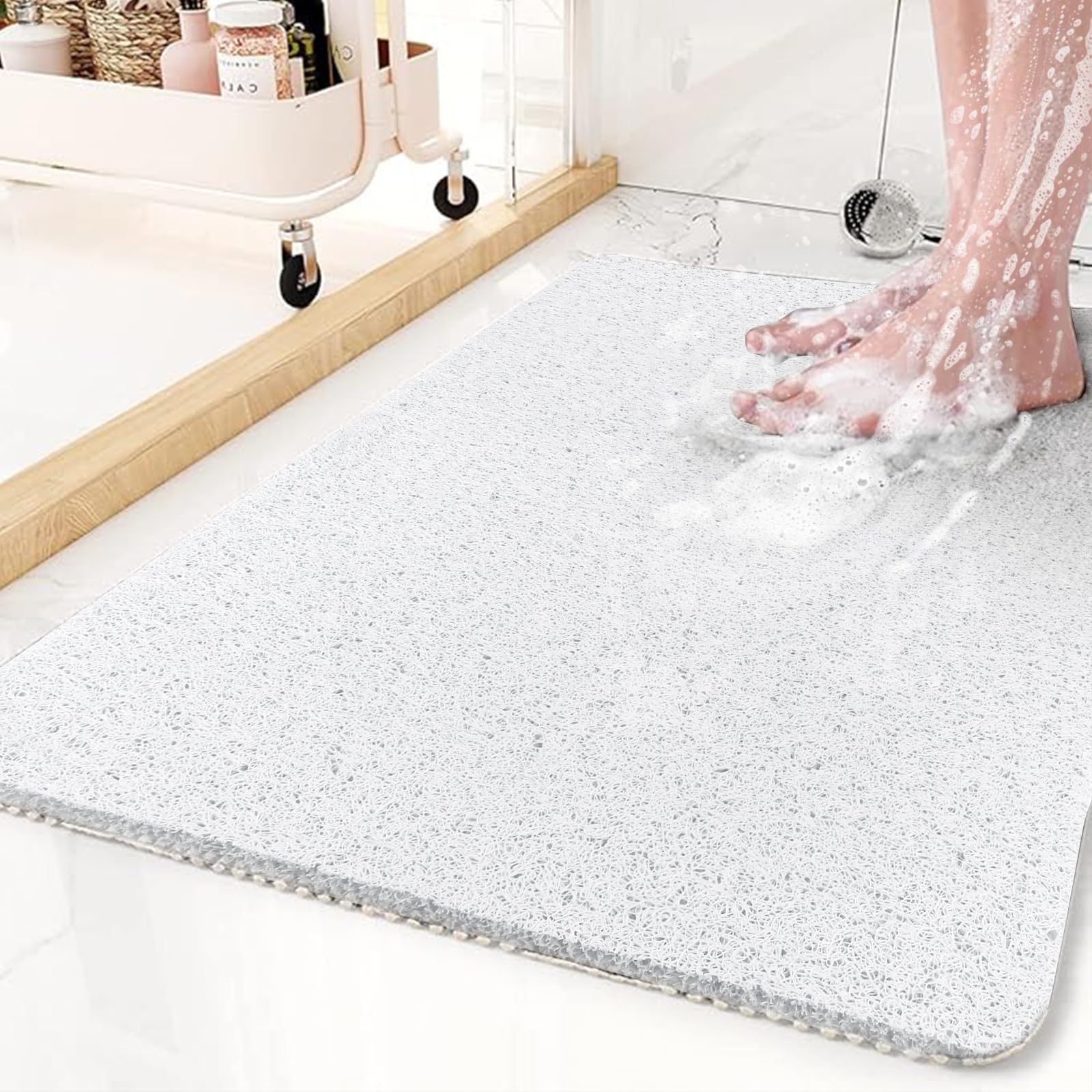 KAZOLEN Shower Mat Non Slip Anti Mould: Bath Mats for Inside Bath- 60 x 40 cm Anti Slip Shower Mats for Inside Shower- Loofah Shower Mat White Long Washable Shower Matt for Elderly Wet Room Quick Dry
