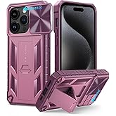 FNTCASE for iPhone 15 Pro Case: Military Grade Drop & Shock Protection Cell Phone Cover with Kickstand & Slide | Rugged Protective Bumper Textured (Rose Pink)