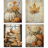 KSDUT Fall Autumn Wall Art Decor Set of 4 - Vintage Pumpkin Maple Leaf Artwork Poster Retro Rustic Pumpkin Bird Book Wall Decor for Home Kitchen Bedroom Farmhouse Decorations - 8
