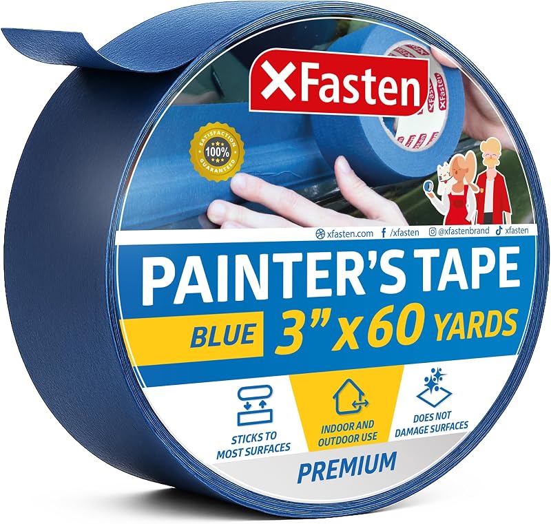 XFasten Professional Blue Painters Tape 3 Inch x 60 Yard Multi-Use for Sharp