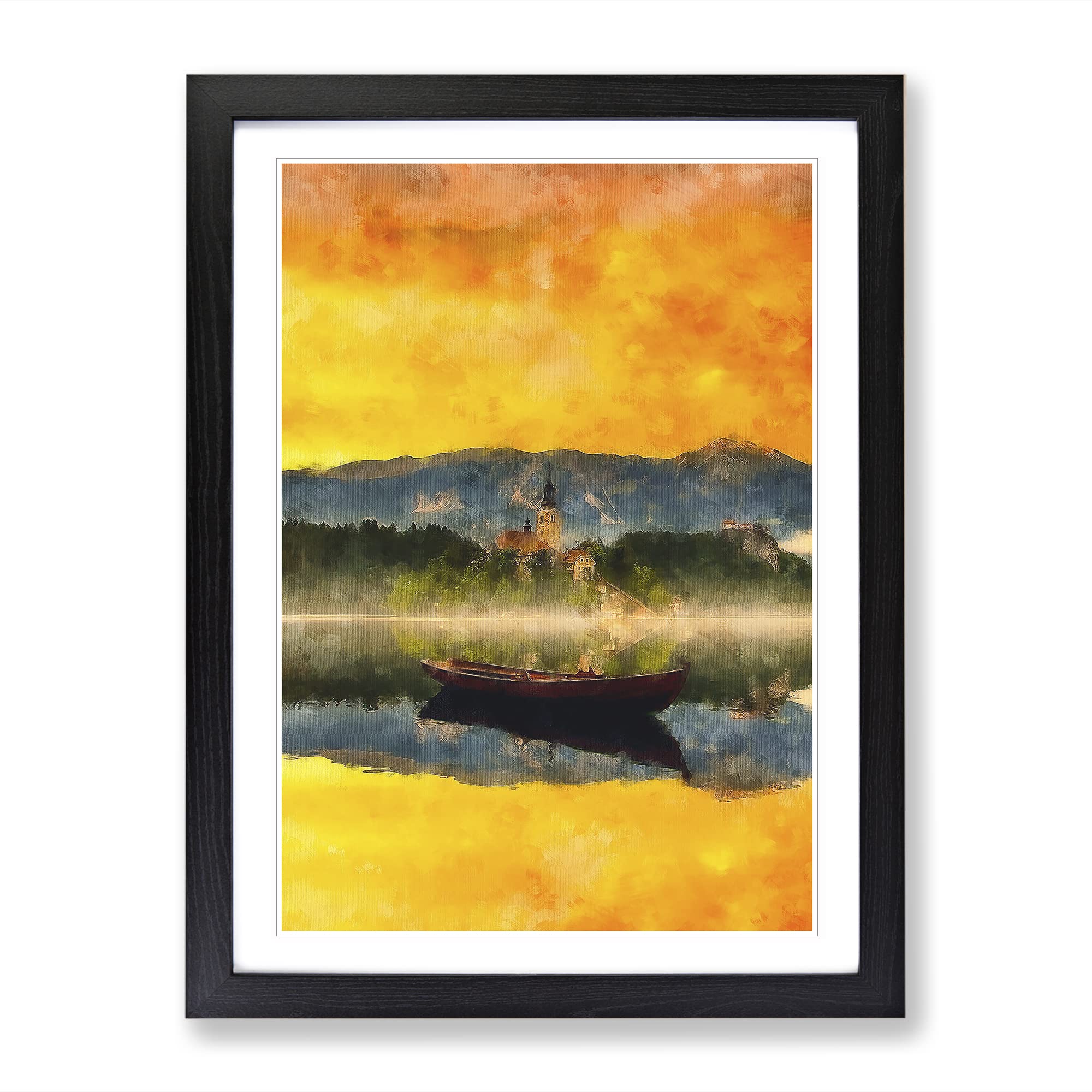 Boat In Lake Bled In Slovenia Painting Modern Framed Wall Art Print, Ready to Hang Picture for Living Room Bedroom Home Office Décor, Black A4 (34 x 25 cm)
