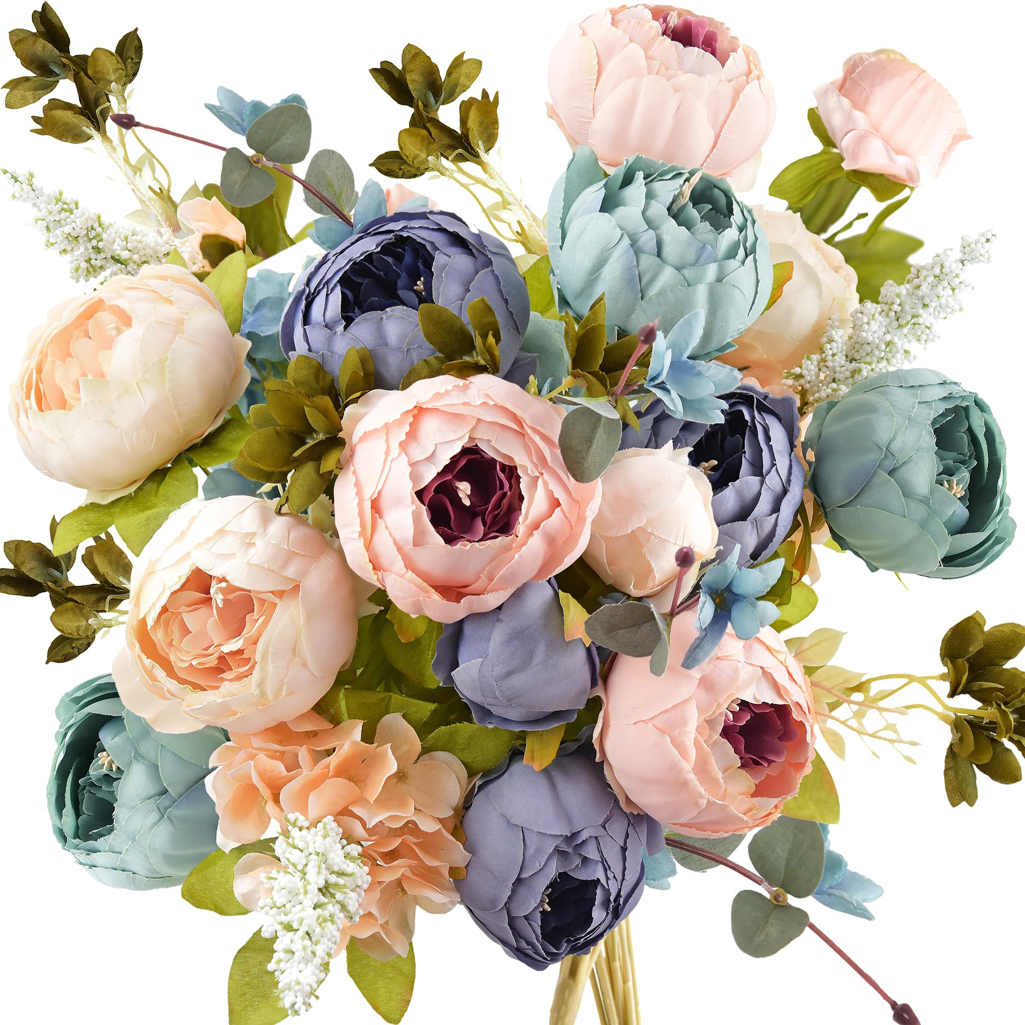 FiveSeasonStuff 2 Bouquet of Peony Silk Artificial Flowers and Hydrangeas/Perfect for Wedding, Bridal, Party, Home, Office Décor (Mixed Blue & Nude Pink (2 Bundles))
