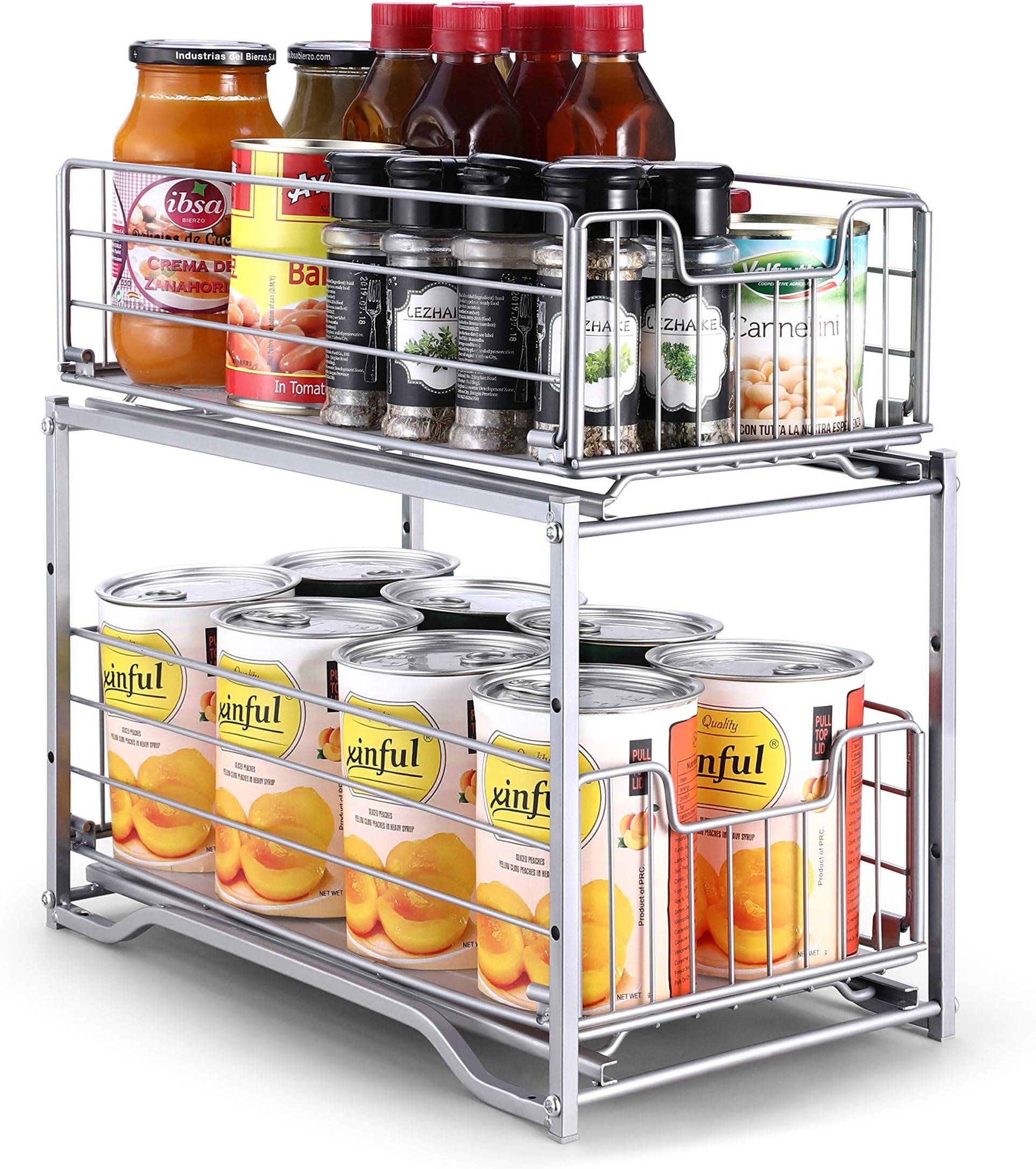 Simple Trending Stackable 2-Tier Under Sink Cabinet Organizer Storage Racks with Sliding Storage Drawer, Silver
