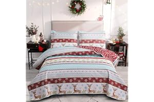 BELISTA Christmas Quilt Set King Size (96 x 108 Inches) Deer Snowflakes Christmas Décor Bedding Sets Coverlet Bedspread,Xmas Bedroom Decoration, Striped Printed Pattern Chrimbo New Year Ornaments
