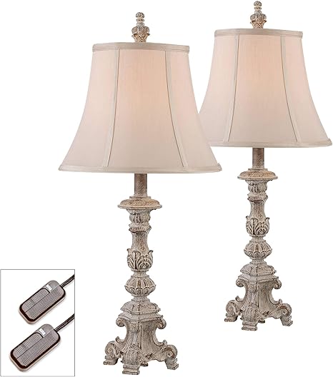 Elize Shabby Chic Table Lamps Set Of 2 With Table Top Dimmers White Washed Candlestick Bell Shade For Living Room Bedroom Bedside Nightstand Office Family Regency Hill Amazon Com