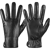 QOF Winter Genuine Leather Gloves for Men, Cashmere Warm Lined Finger Touchscreen Texting Driving Gloves