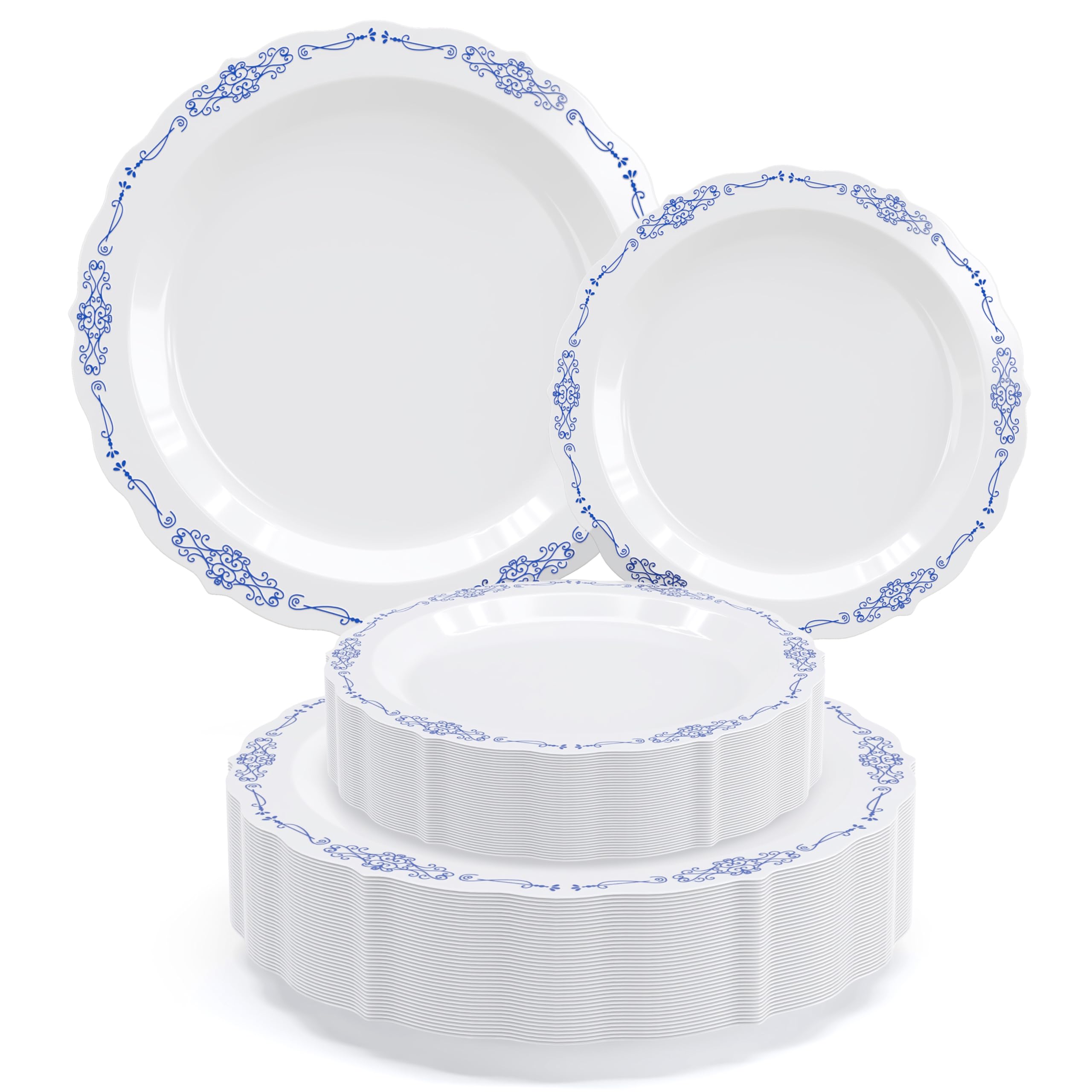 Photo 1 of Exquisite Victorian Plastic Plates 80 Piece Plastic Disposable Plates for Party Set For 40 Guests 40 X 7.5 inch Dessert Plates & 40 X 10.25 Inch Plastic Plates Disposable Heavy Duty White & Navy