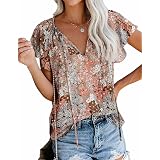 Mansy Women's Floral Print V-Neck Ruffle Blouse - Loose Short Sleeve Summer Top