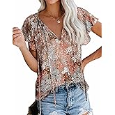 SimpleFun Women's Boho Tops Floral V Neck Short Sleeve Summer Blouse Shirts