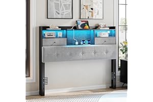 Maupvit Headboard Full Size with Storage, Full Headboard Only with 2 Drawers, Charging Station and LED Lights, Upholstered Headboards Easy Assembly, Black&Grey