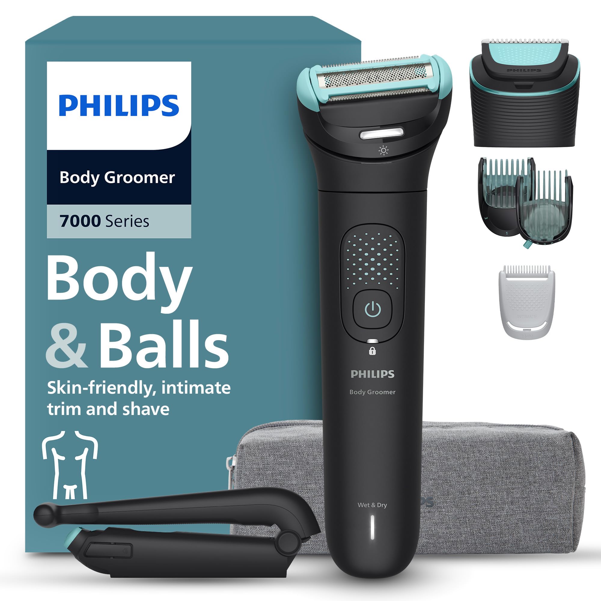 Philips Bodygroom Serie 7000 - Rifinitore per uomo, testina flessibile 2D, tripla protezione, Testine intercambiabili, Rifinitura e rasatura intima, Impermeabile 100%, 120 minuti autonomia, BG7480/15