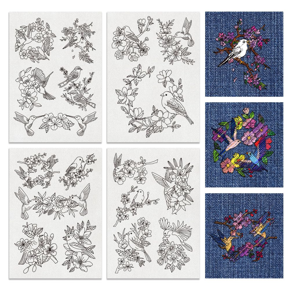BENECREAT 18pcs Water Soluble Embroidery, 30x21cm Birds and Flowers Pattern Transfers Water Soluble Stabilizer for Embroidery Stick and Stitch Embroidery Designs