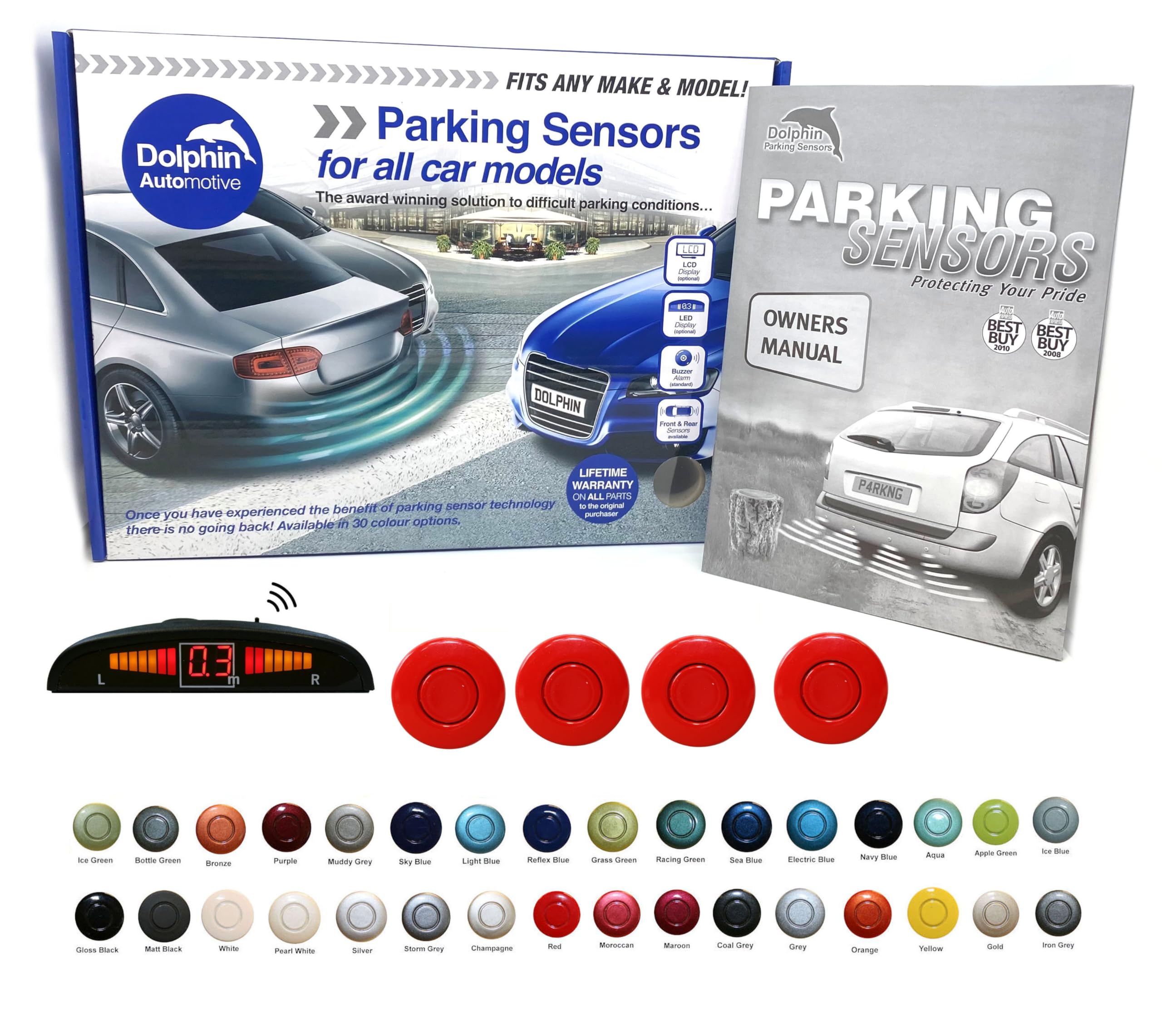 Dolphin Automotive DPS450 Reverse Parking Sensors In 32 Colours 4 Ultrasonic Radar Sensors Kit Audio & Display Alert System - Red