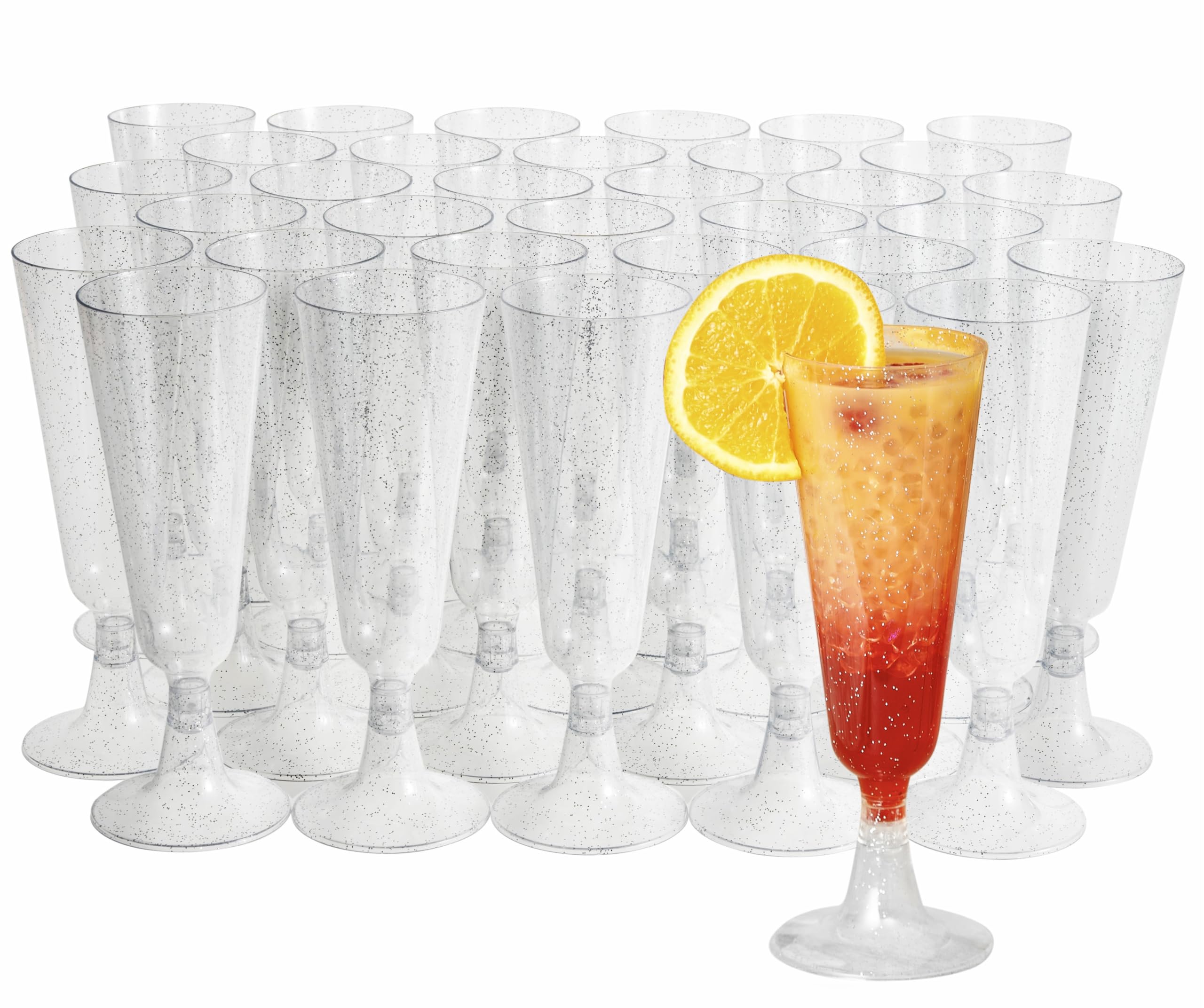 MATANA 50 Premium Plastic Champagne Flutes, Silver Glitter 150ml / 5oz - Reusable Prosecco Glasses, Plastic Flutes for Cocktail, Dessert - Toasting Glasses for Parties, Weddings, Birthdays, Picnic
