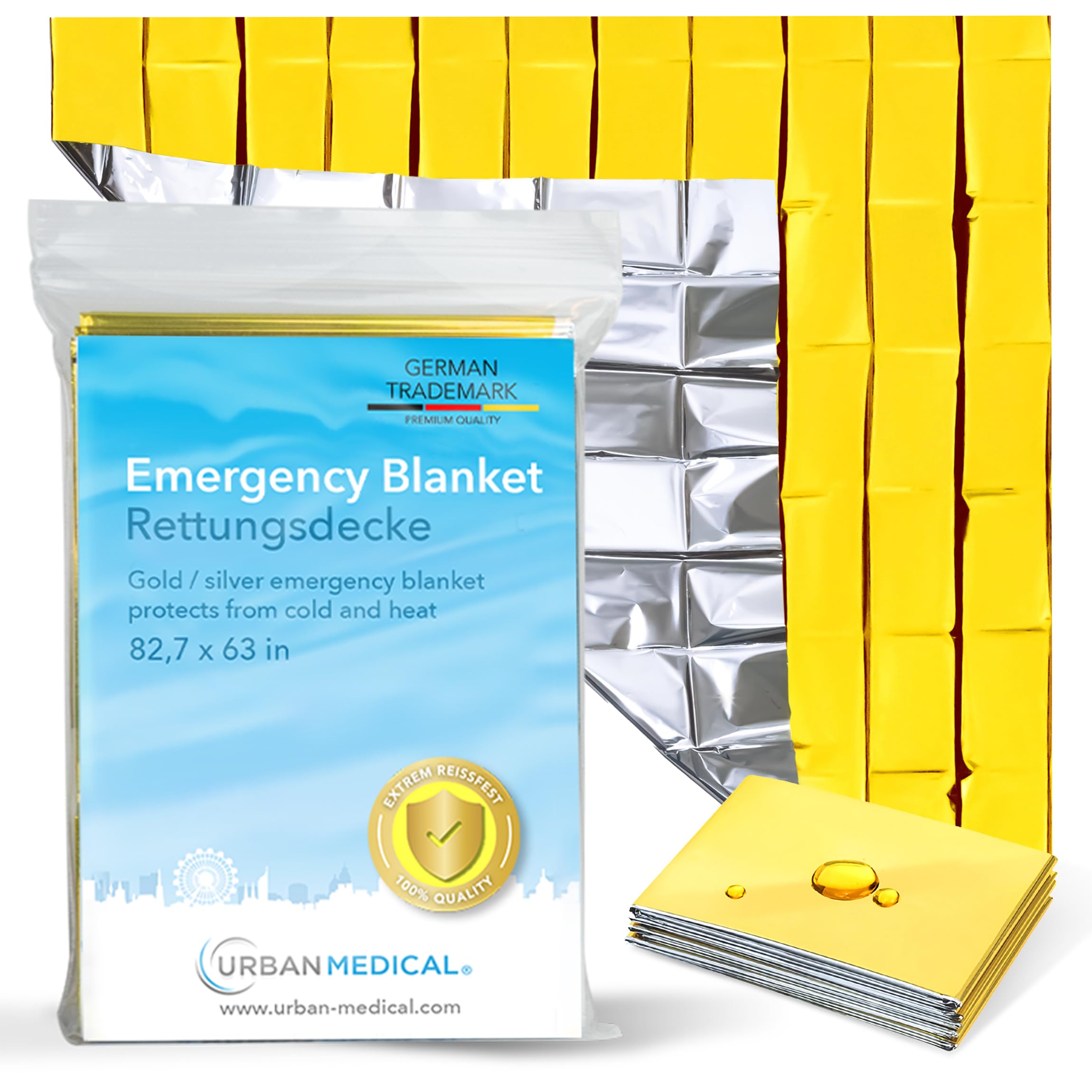 URBAN MEDICAL Premium Rescue Blanket | First Aid Rescue Foil | 1 Piece | Gold/Silver | 210 x 160 cm | Waterproof Emergency Blanket | Cold Protection | Heat Protection | Car Accessories