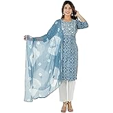 Vrnda Women's Cotton Indian Bandhej Print Straight Kurta Set Yoke Embroidery Kurti With Pant and Dupatta Set Dress