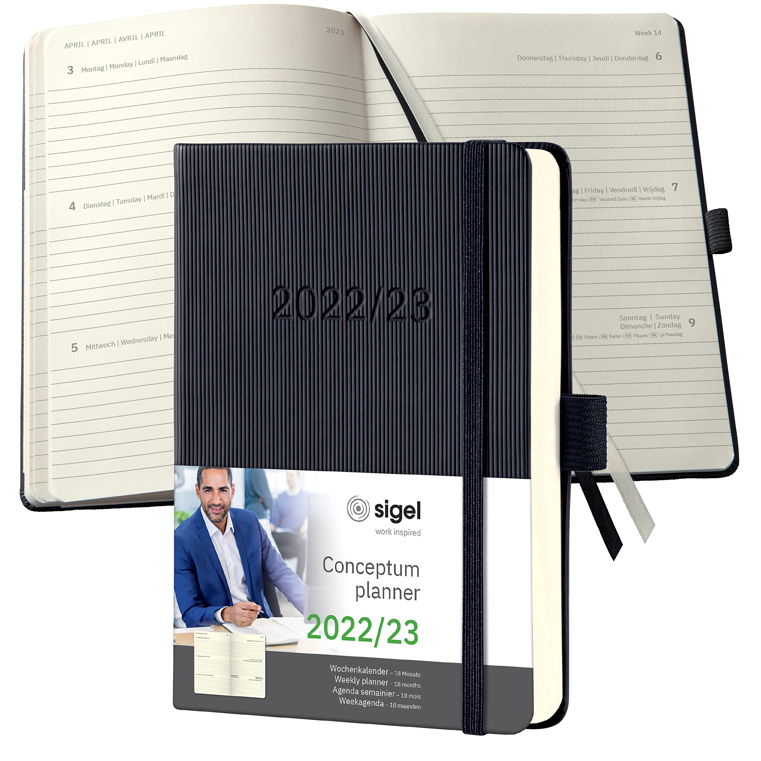SIGEL C2302 Weekly planner Conceptum 2022/2023 - approx. A6 - black - hardcover - 18-month calendar, 2 pages = 1 week - 240 S.