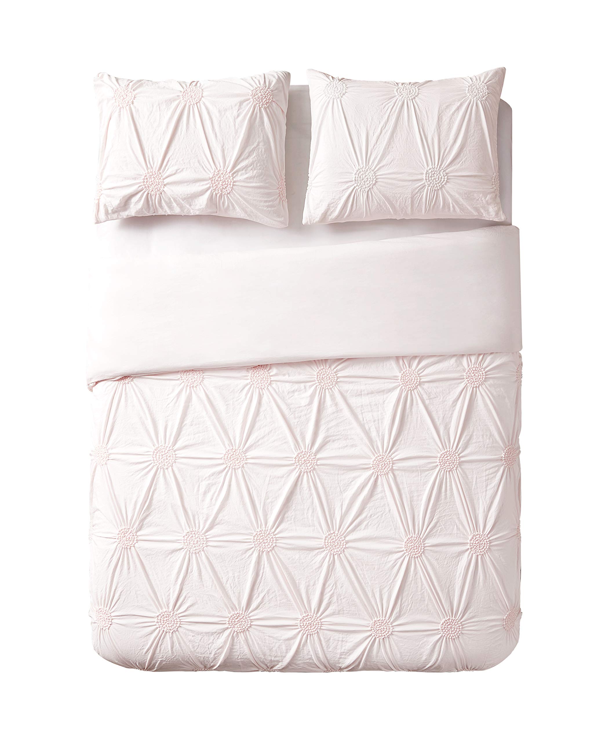 Swift Home Premium Romantic Bedding Set Collection 3-Piece Ruched Pinch Pleat Rosette Floral Pintuck Duvet Cover & Sham Set - King/Cal King, Blush