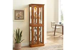 FIRSCOOK 70"H Curio Cabinet,Curio Cabinet with Glass Doors,Wooden Display with Adjustable Glass Shelves,Lighted Curios Cabinets,Vintage Accent Storage Cabinets with 6 Shelves,Curiocabinet for Living Room(Oak)