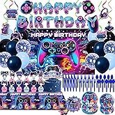 Video Game Birthday Party Supplies, Game Theme Style Party Include Happy Birthday Banner, Backdrop, Tableware Set, Tablecloth, Hanging Swirls, Cake Toppers, Cupcake Toppers, Latex Balloons (Game)