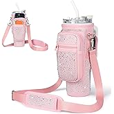 Bling Diamond Water Bottle Carrier Bag with Phone Pocket for Stanley 40/30 oz Tumbler with Card Holder,Neoprene Water Bottle Holder Pouch with Adjustable Strap for Stanley Cup Accessories