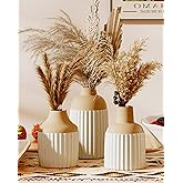 Beige Decorative Vase Set of 3 - Modern Boho Style Ribbed Ceramic Bud Vases for Flowers, Mini Small Vases for Shelf, Shelves, Bookshelf, Entryway Table & Home Decor Aesthetic (Beige White)
