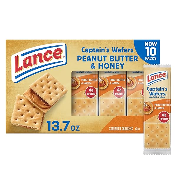 LANCE SANDWICH CRACKERS, CAPTAIN’S WAFERS PEANUT BUTTER AND HONEY, 10 PACKS, 6 SANDWICHES EACH