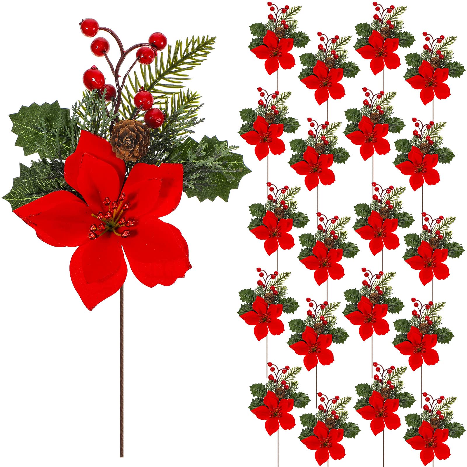 Photo 1 of 20 Pcs 11 Inch Christmas Floral Picks Artificial Poinsettia Flowers Faux Red Berries Pine Stem Holly Leaves for Christmas Tree Decoration Holiday DIY Picks Party Supplies