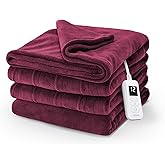 Sunbeam Electric Royal Luxe Microplush Heated Blanket, 12 Heat Settings, 12-Hour Auto Shut-Off, Fast Heating, Warm & Cozy, Machine Washable, Cabernet Color, Twin (84" x 62")