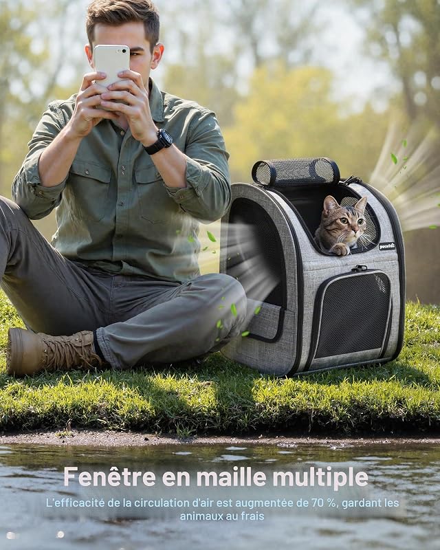 Sac à Dos Chat Chien Respirant, Sac Transport Chat Confortable, Gris