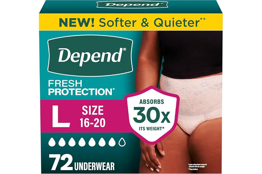 Depend Fresh Protection Adult Diapers, Incontinence Underwear for Women, Disposable, Maximum, Large, Blush, 72 Count (2 Packs